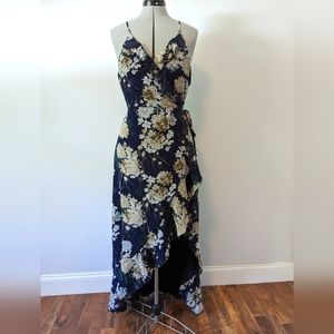 Navy floral wrap dress. Midi, high-low hem